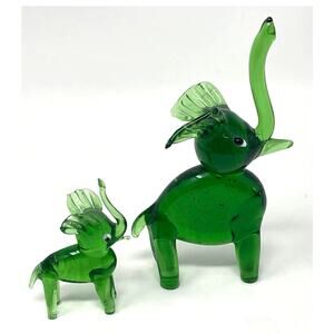 Japan Art Glass Elephant & Baby Trunk Up Green Murano Style Miniature Figurine
